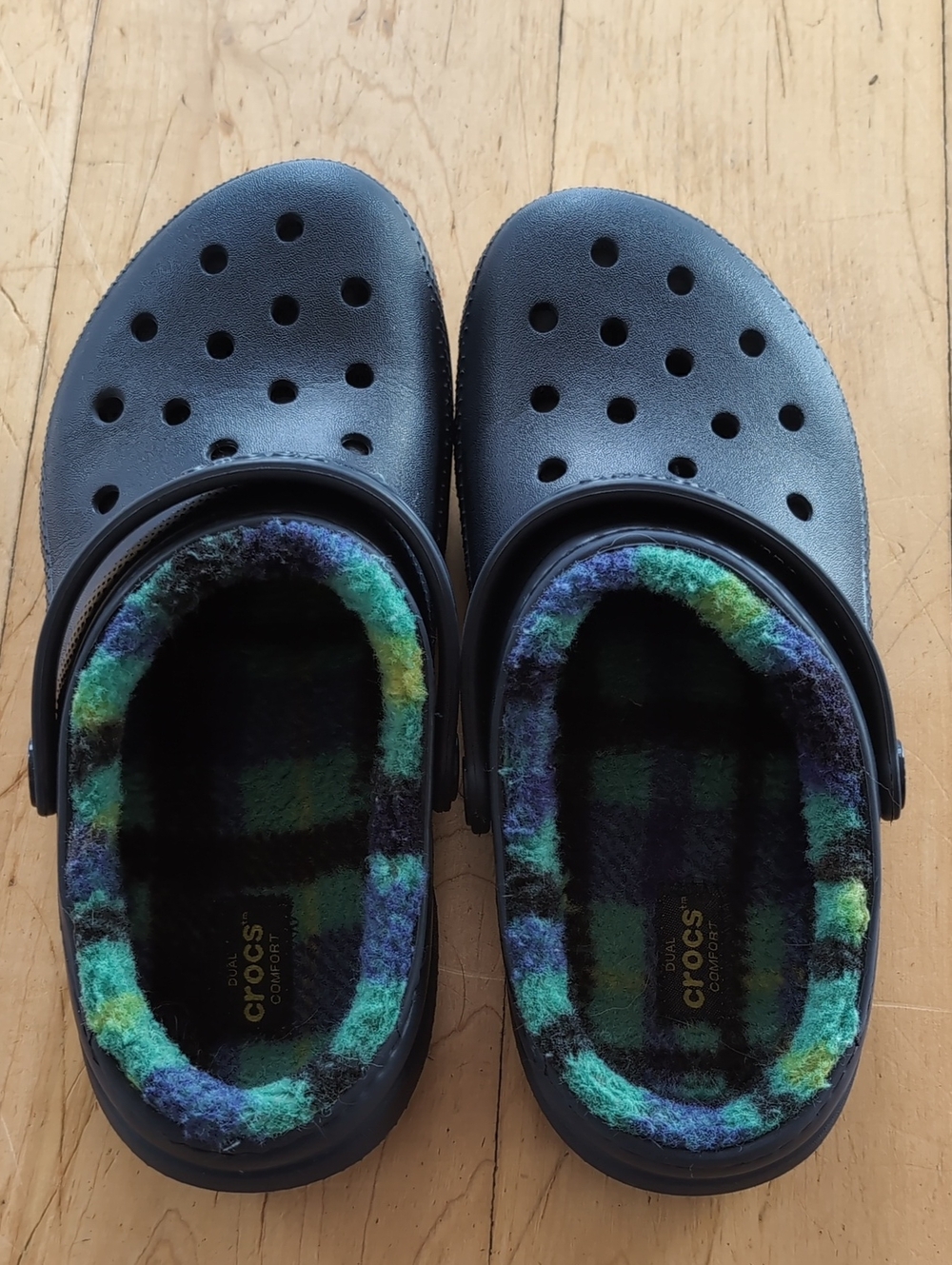 CROCS Kids Black Clog with Green and Blue Plaid Lining